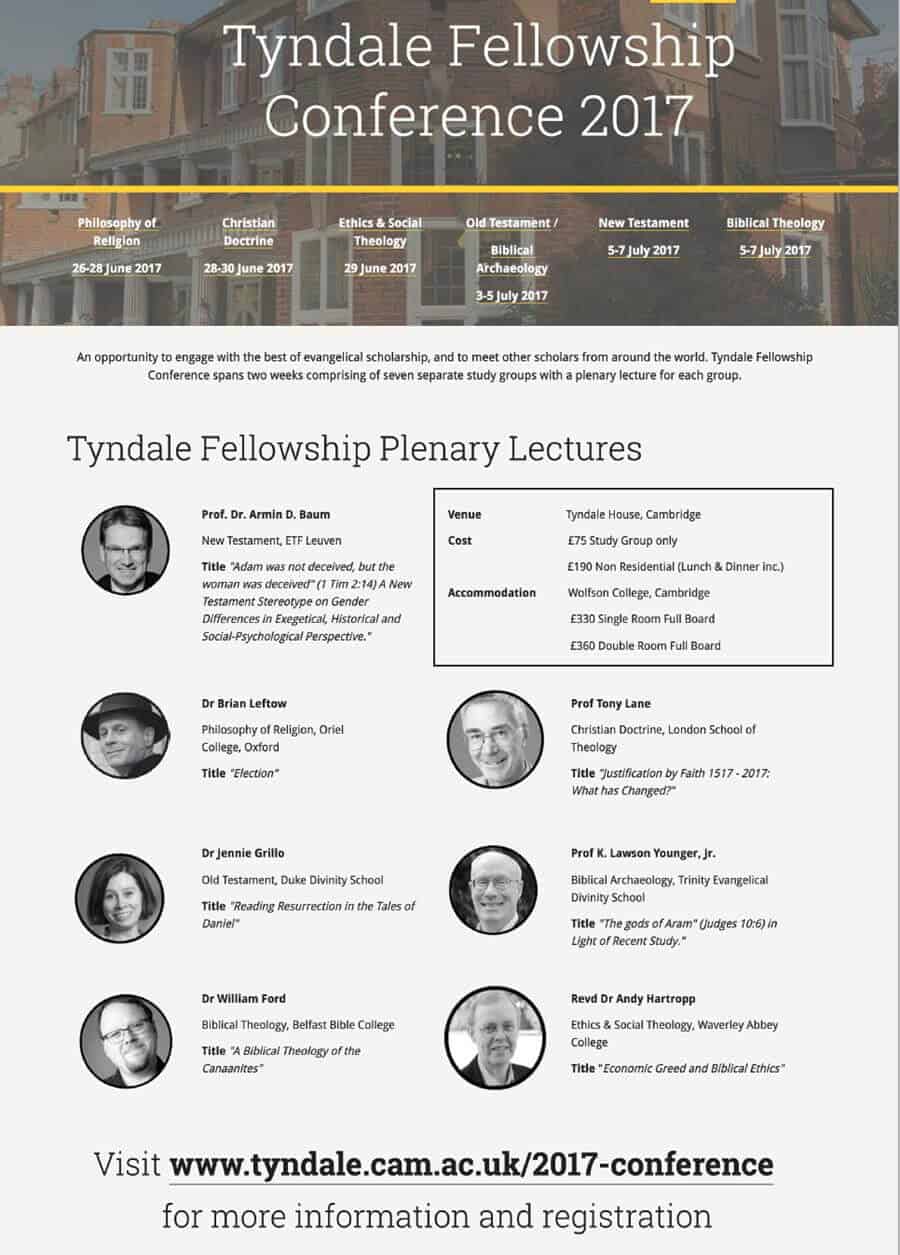 Book Now For Tyndale Fellowship Conference 2017